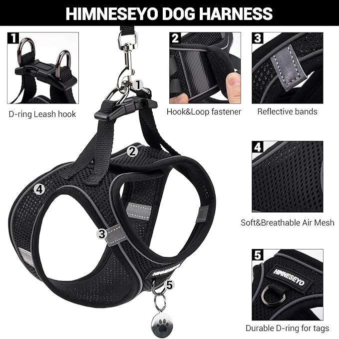 Dog Harness and Leash Set, Dog Harness for Dogs No Pull, No-Chock Step-in Reflective Breathable Lightweight Easy Walk Vest Harnesses with Safety Buckle for Small Medium Dogs, Cats (Black, XXS)