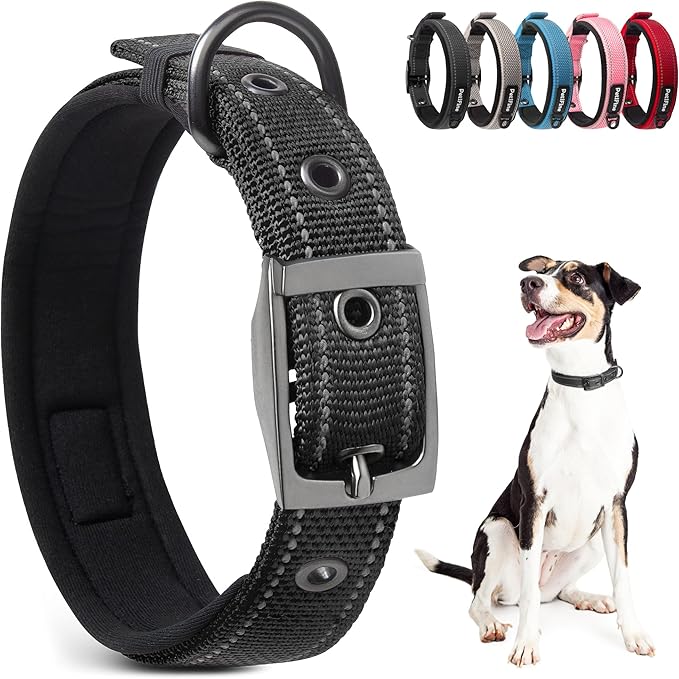 PetiFine Neoprene Padded Dog Collar, Heavy Duty Comfort Dog Collar with Durable Metal Buckle, Reflective Adjustable Belt Buckle Dog Collars for Small Medium Large Dogs(11”-14.5“,Black)