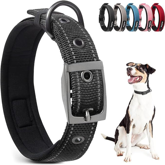 PetiFine Neoprene Padded Dog Collar, Heavy Duty Comfort Dog Collar with Durable Metal Buckle, Reflective Adjustable Belt Buckle Dog Collars for Small Medium Large Dogs(14.5''-19'', Black)
