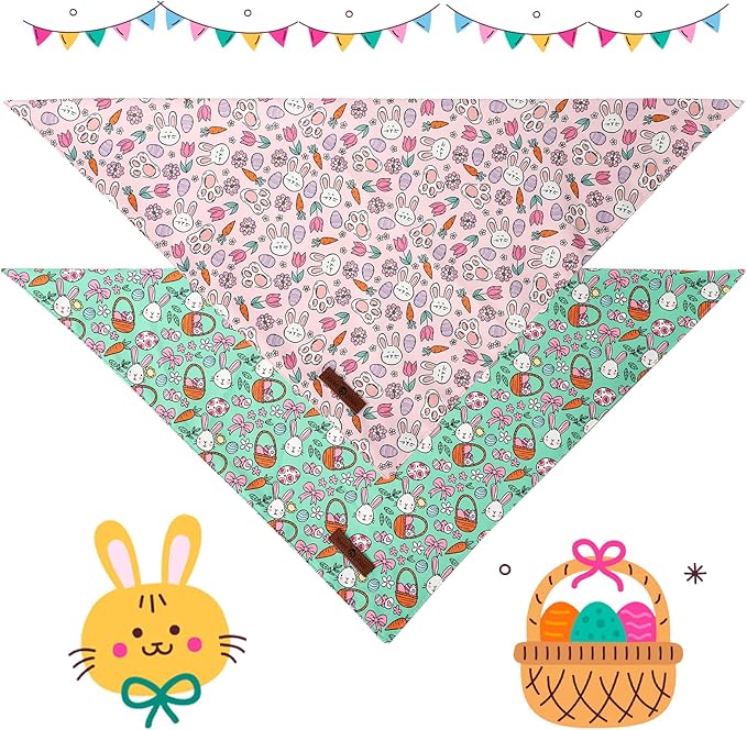 Lionet Paws Easter 2pcs Dog Bandanas, Pink Rabbit Dog Scarf Bib Premium Fabric,Cute Rabbit Claw Flower Bandanas for Medium Large Dogs Pets