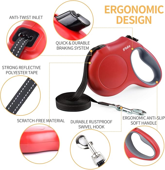 Fida Retractable Dog Leash, 16ft Heavy Duty Pet Walking Leash for X-Small/Small/Medium/Large Dog or Cat up to 110 lbs, Tangle-Free. One-Hand Brake (Large, Red)