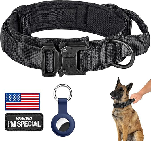 DAGANXI Tactical Dog Collar, Adjustable Military Training Nylon Dog Collar with Control Handle and Heavy Metal Buckle for Medium and Large Dogs, with Patches and Airtags Case (S, Black)