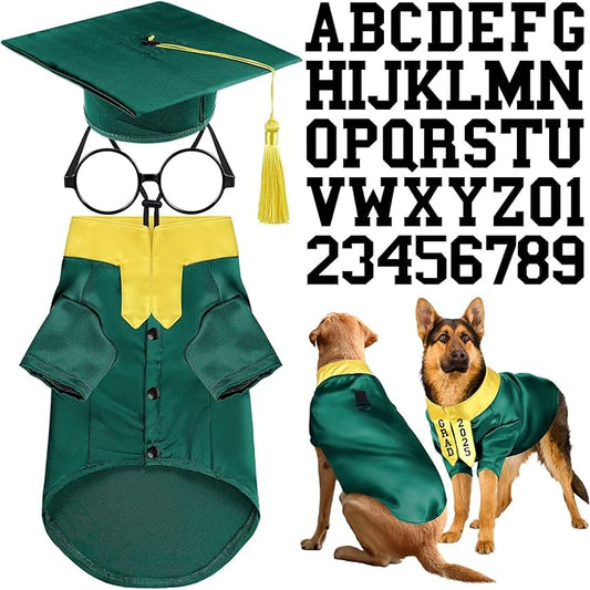 5 Pcs Dog Graduation Costume Set Include 2025 Pet Graduation Gown with Stole Puppy Grad Cap Lensless Glasses DIY Letter Stickers for Dogs Cats Holiday Costume Accessory(Green Yellow,2XL)