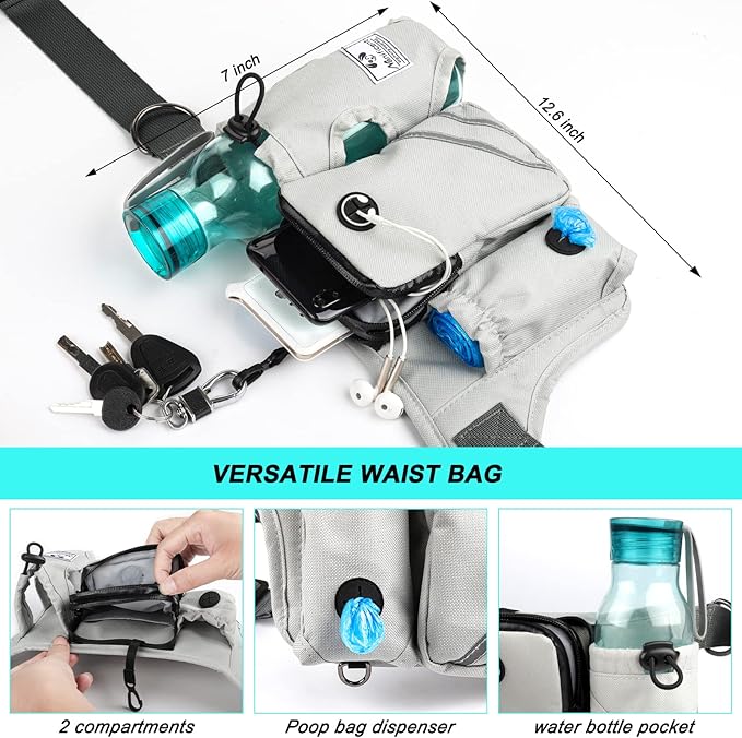 SHINE HAI Retractable Hands Free Dog Leash with Dual Bungees for 2 Dogs, Adjustable Waist Belt, Reflective Stitching Leash for Running Walking Hiking Jogging Biking Black - Gray