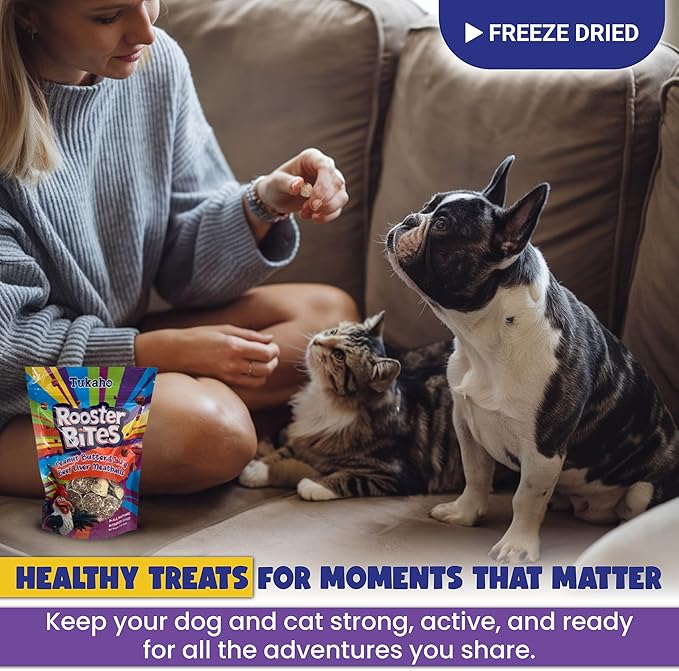 Rooster Bites Peanut Butter and Beef Liver Cat and Dog Treats - All Natural Freeze Dried High Protein Training Treats - Perfect for Dogs and Cats from Small to Extra Large Breeds