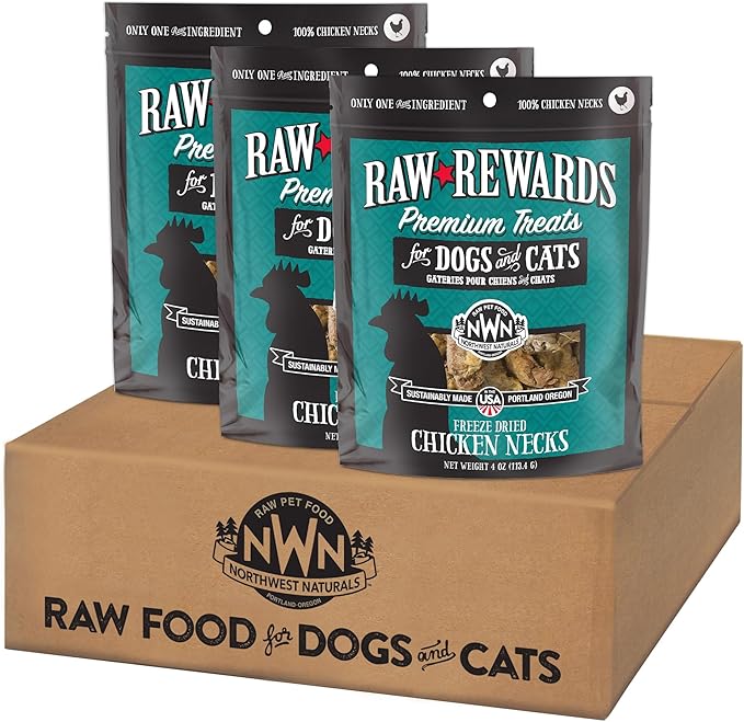 Northwest Naturals Raw Rewards Freeze-Dried Chicken Neck Treats for Dogs and Cats - Bite-Sized Pieces - Healthy, 1 Ingredient, Human Grade Ingredients, All Natural, Made in USA, 4 Oz (Pack of 3)