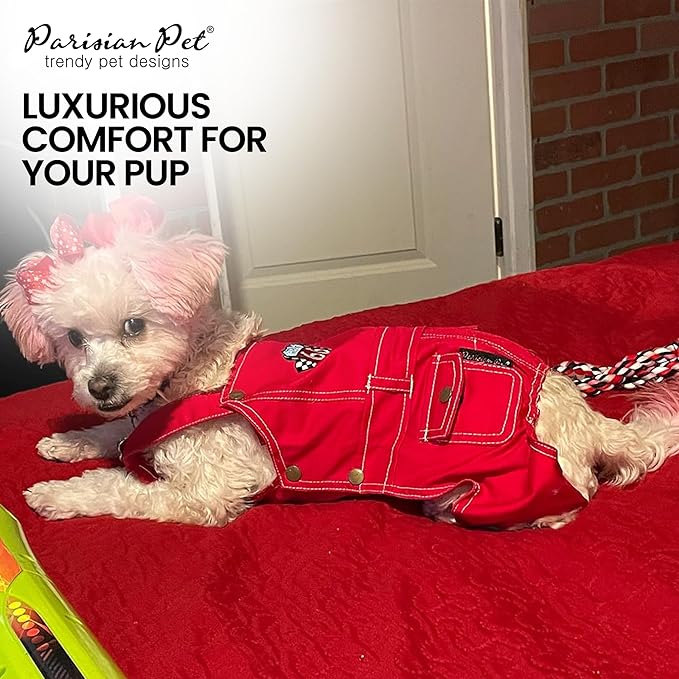 Parisian Pet Denim Overall - Embroidered Route 66 ' Red Jumpsuit - Breathable & Washable Dog Outfit - Dog Overalls XL