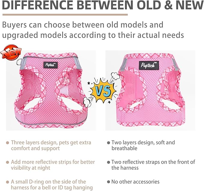 PUPTECK Dog Harness and Leash Set for Small Medium Dogs No Pull Step-in Soft Mesh Puppy Cat Vest Harnesses Reflective at Night, Upgraded New Pink XS