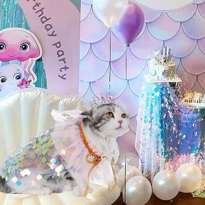 FLAdorepet Dog Princess Dress Costume with Rhinestones Crown,Pet Cat Cape Cloak Birthday Party Wedding Dress Up Outfits,Rainbow Mermaid Halloween Costume Clothes for Small Medium Large Dogs,X-Small