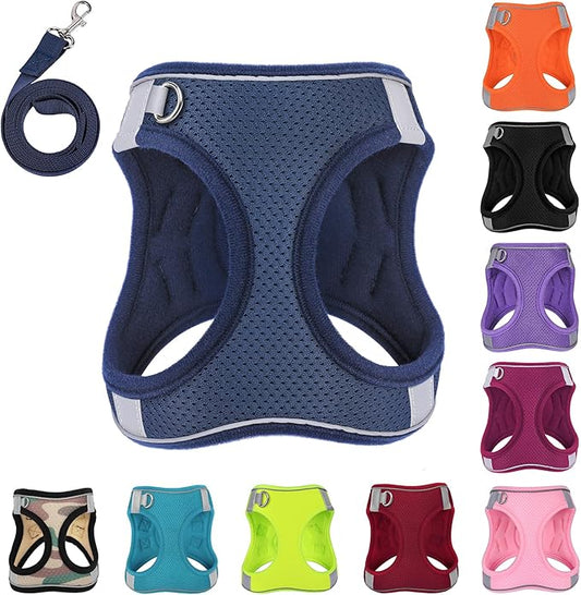 Dog Harness with Leash Set, No-Pull Step-in Reflective Pet Harness with 1 Leash Clips, Adjustable Soft Padded Easy Walk Dog Vest for Small Medium Large Dogs, Cats(Dark Blue, XSmall)