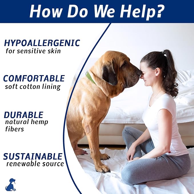 Green Hemp Dog Collar - Hypoallergenic Dog Collar - Comfortable for Sensitive Skin or Allergies with no Harsh Dyes or Chemicals - 5 Sizes from X-Small to x-Large Breeds