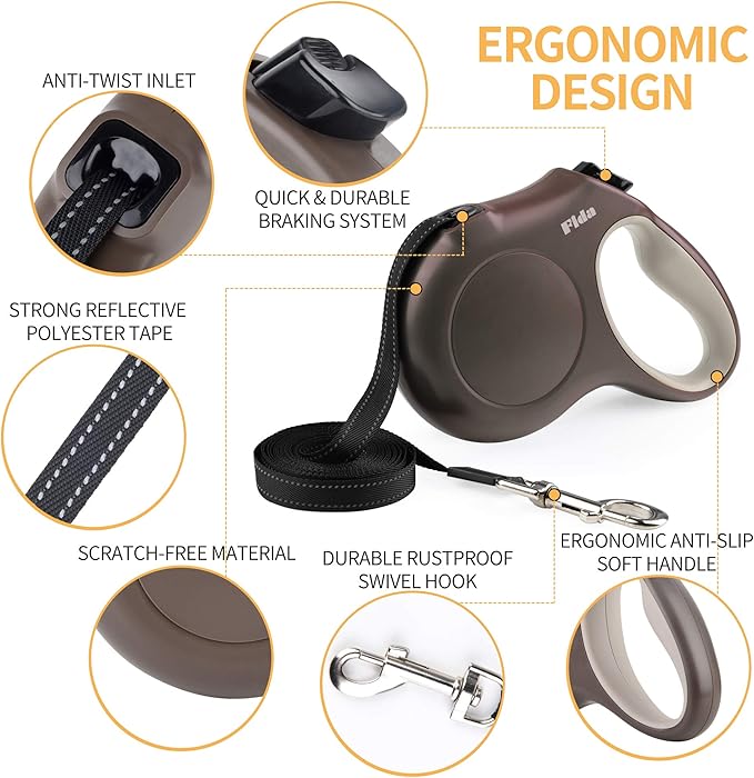 Fida Retractable Dog Leash X-Small Breed, 10 ft Durable Pet Walking Leash for Extra Small Dogs/Cats/Small Animals up to 18lbs, 360° Tangle Free, Coffee/Brown