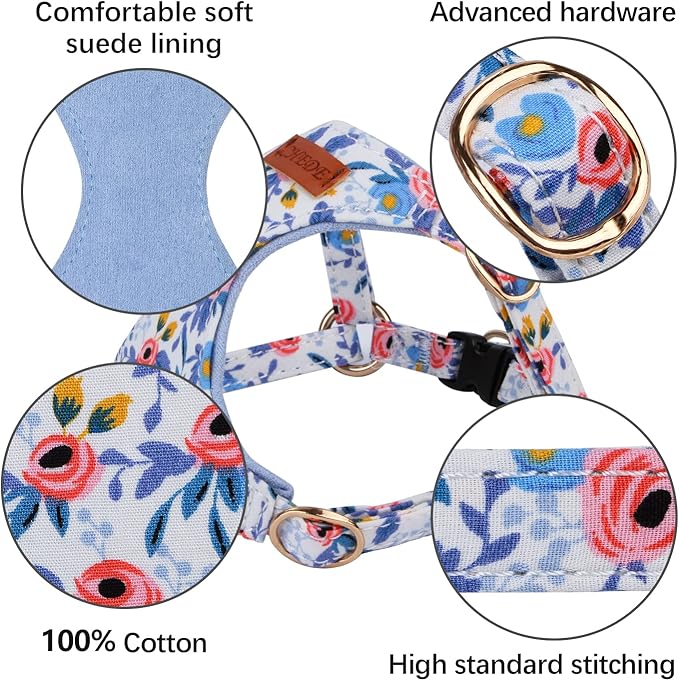 CHEDE No Pull Floral Pattern Dog Harness- Lightweight and Soft Dog Harness, Adjustable Small Dog Harness and Leash Set, with Dog Leash, Suitable for Puppy Small and Medium-Sized Dog (S, Blue Rose)
