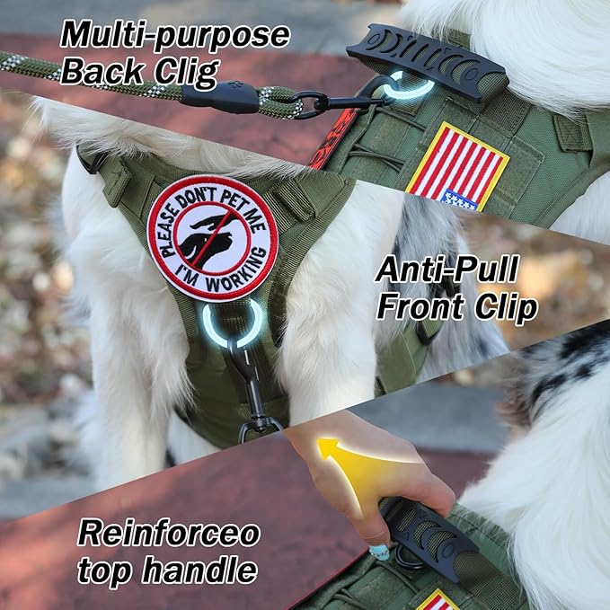 No Pull Tactical Dog Harness for Small Dogs, Escape Proof Molle Dog Vest Harness and Leash Set, Adjustable Military Service Dog Harness with Handle for Medium Large Dogs (Green, S)