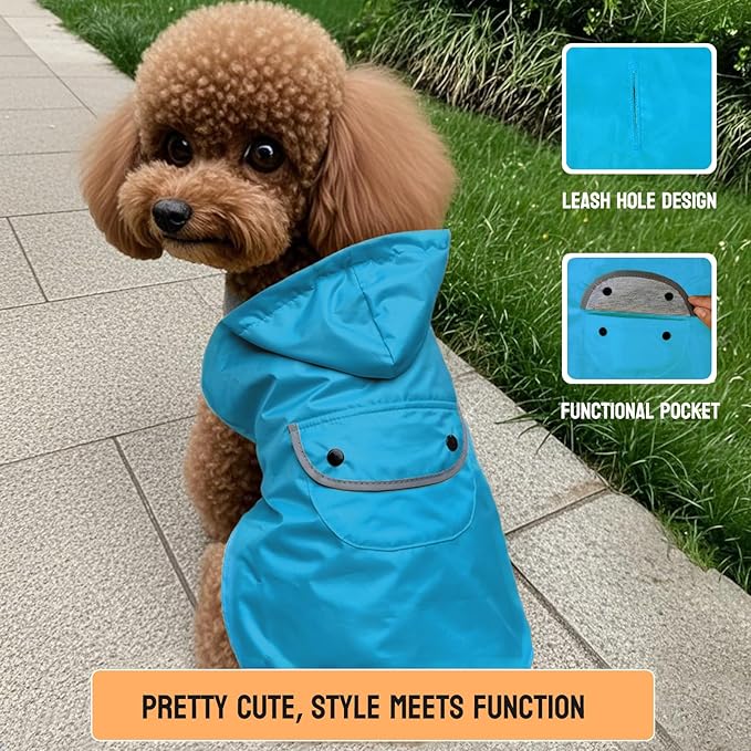 Small Dog Raincoat Dogs Rain Jacket for Puppy Reflective Lined Breathable Poncho Rainwear Waterproof Pet Clothes Pocket Hooded Leash Hole Adjustable Puppy,Blue,XS,Back Length 6.3 Inch