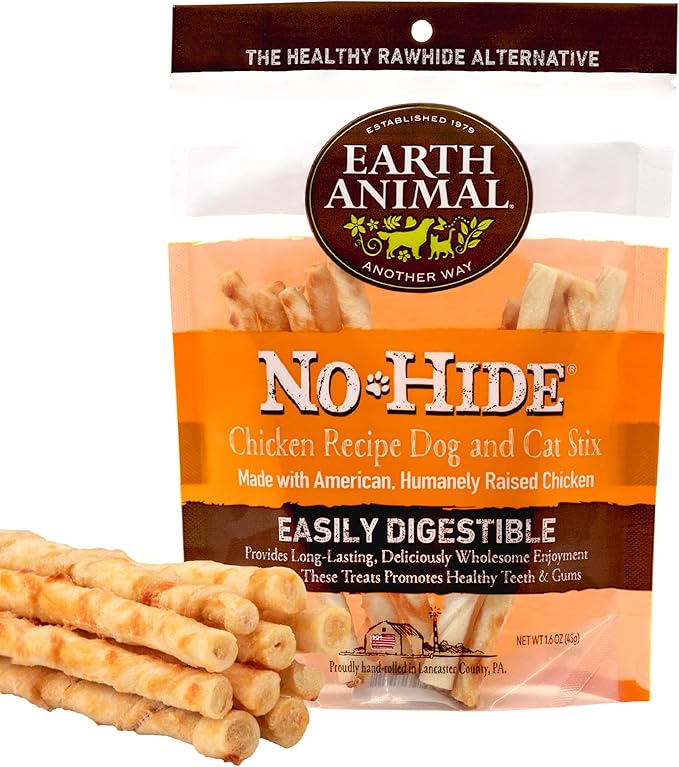 Earth Animal No Hide Stix Chicken Flavored Natural Rawhide Free Dog Chews Long Lasting Chew Sticks | Treats for Small Dogs and Cats | Great for Aggressive Chewers (1 Pack)