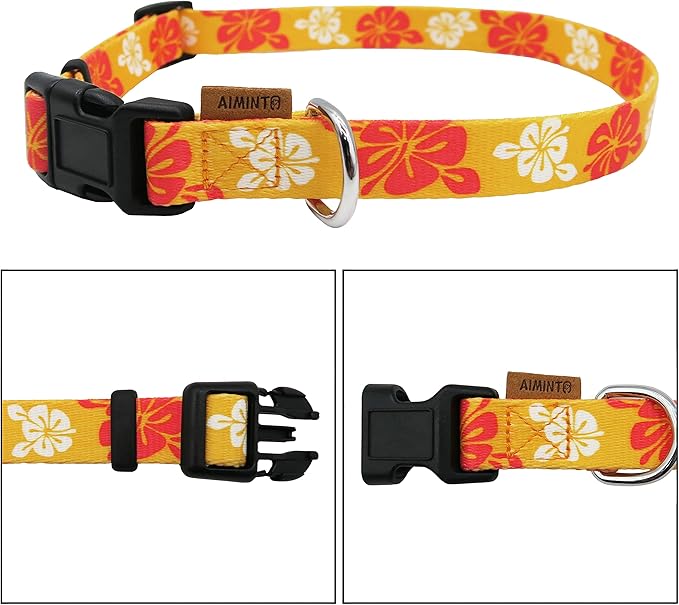 Dog Collar, Cute Floral Pattern, Soft and Adjustable Collar with Quick Release Buckle (M (Neck 14-24", Width 3/4"), Hawaiian Orange)