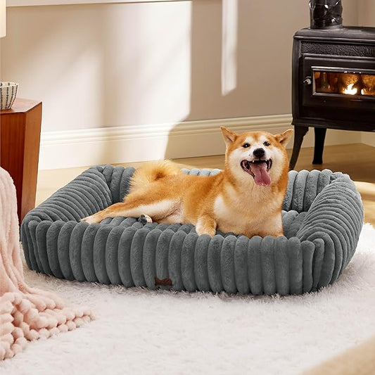 Bedsure Cute Dog Bed for Large Dogs - Washable Furry Puppy Beds, Rectangle Orthopedic Corduroy Fleece Pet Beds with Removable Zipper Cover, 36x27x8inches, Warm Grey