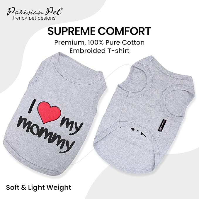 Parisian Pet Unisex Dog T-Shirt with Embroidered 'I Love My Mommy' Words - 100% Cotton, I Love My Mom Shirt - Sleeveless Pet Vest - Grey Dog Shirts for Large Dogs, 5XL