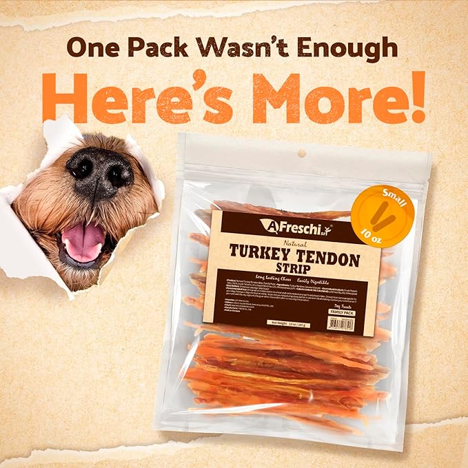 Afreschi Natural Turkey Tendon Strip 10oz, Turkey Sourced from USA, All Natural Puppy Chew, Hypoallergenic, Rawhide Alternative