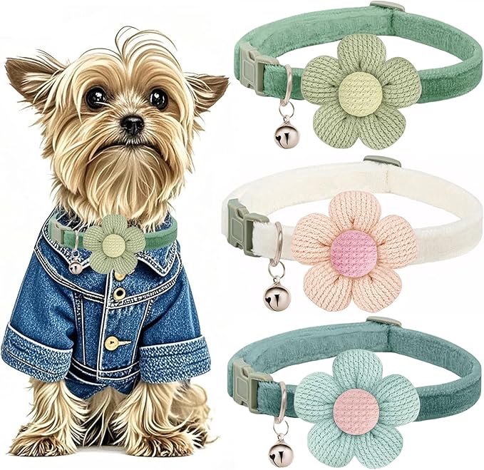 Small Dog Collar with Flower, Puppy Collars for Litter, XS Dog Collars for Small Dogs with Bell for Girl Boy Little Dog (White + Green + Blue)