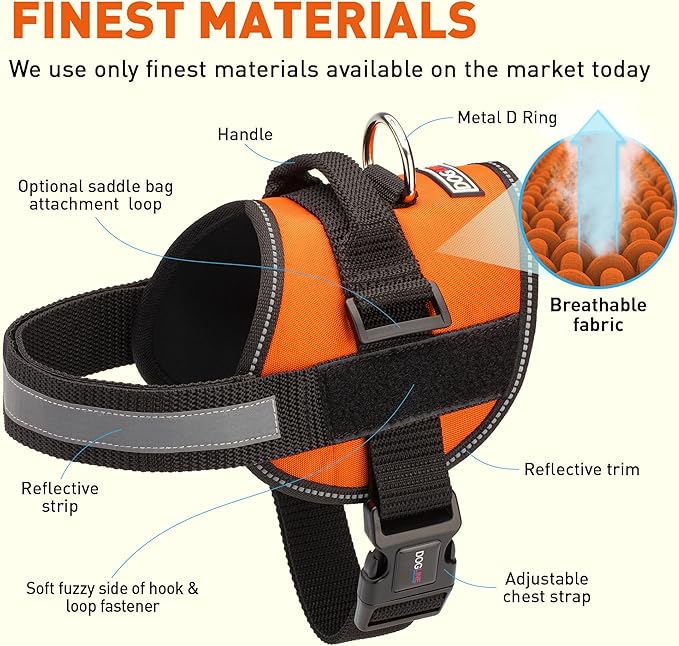 Dogline Dog Harness, Reflective No-Pull Adjustable Vest with Handle for Walking, Training, Breathable, No - Choke Harness for Small, Medium or Large Dogs Room for Patches Girth 27 to 34 in Orange