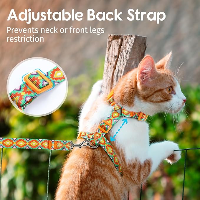 Dooradar Cat Harness and Leash, Escape Proof Adjustable Kitten Vest, Lightweight Soft Pet Straps, Easy Wearing for Small Medium Kitty Safe Walking Travel Control, Multicolor, M