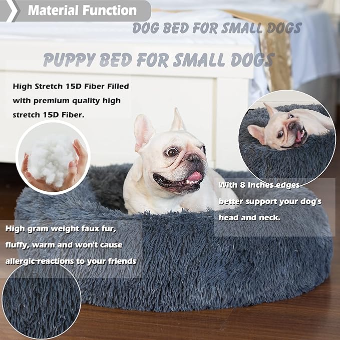 nononfish Puppy Bed for Small Dogs Washable Donut Calming Pet Beds with Anti-Anxiety Fits up to 15 lbs Pets,23 Inches Dark Gray