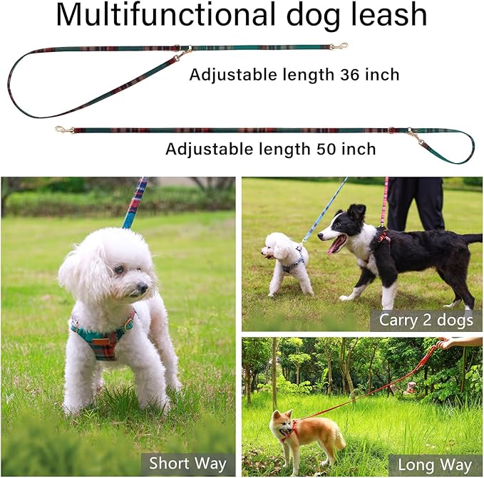 CHEDE No Pull Puppy Harness and Multifunction Dog Leash Set- 8 Colors Soft Adjustable No Choke Escape Proof Cute,Lightweight Pet Vest Harness for Small and Medium Dog (XS, Green Grid)