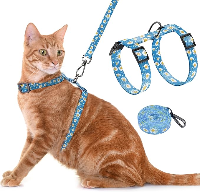 Cat Harness and Leash Set, Adjustable Kitten Harness Escape Proof Cats Harness, Soft Lightweight Walking Travel Pet Harness, Cute Kitty Harness Leash Set for Small Medium Cats, Blue Daisy