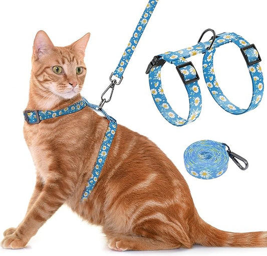 Cat Harness and Leash Set, Adjustable Kitten Harness Escape Proof Cats Harness, Soft Lightweight Walking Travel Pet Harness, Cute Kitty Harness Leash Set for Small Medium Cats, Blue Daisy