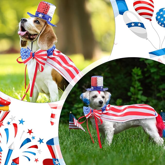 JaGely 3 Pcs 4th of July Dog Outfit Independence Day Costume Set Includes Dog Top Hat, American Flag Bow Tie Collar and Cape Patriotic Pet Cats Puppy Clothes (L,Fashion)