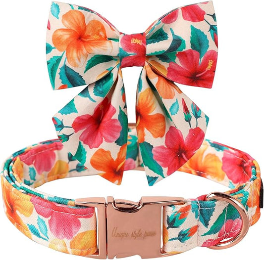 Unique Style Paws Cotton Dog Collar with Bow Floral Plaid Colorful Dog Collar with Bow Tie for Small Medium Large Dogs Pets Gifts