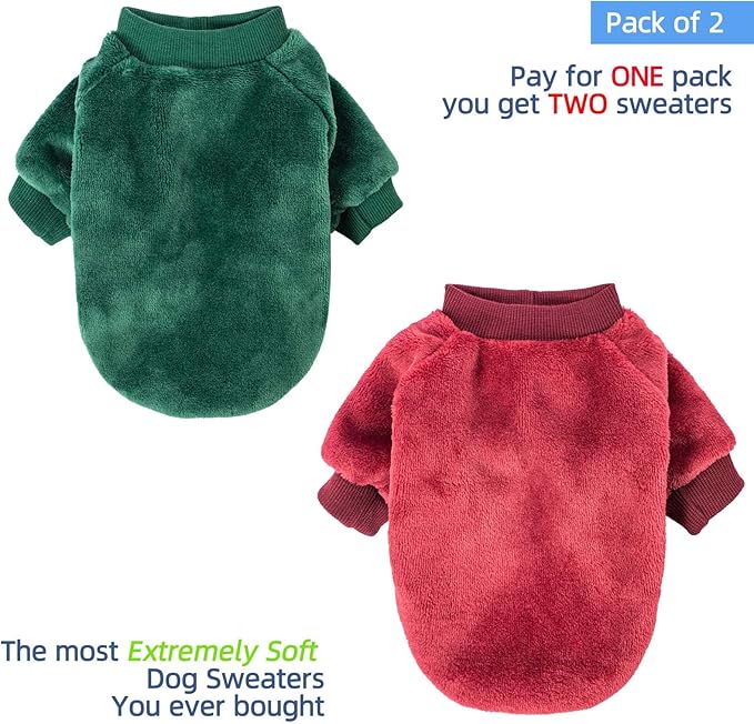 FabriCastle Christmas Dog Sweater, 2-Pack Dog Clothes, Soft and Warm Pet Jackets for Small Dogs & Cats, Winter Pet Apparel Costumes, Puppy Outfits (Dark red,Dark Green, Small)