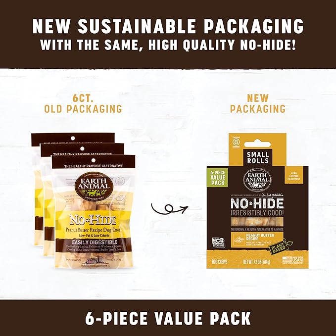 Earth Animal No Hide Small Long Lasting Dog Chew Rolls, Peanut Butter, 2 Count Pack of 3