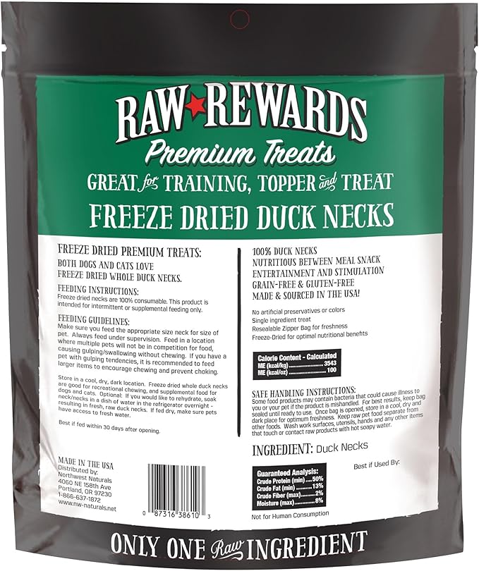 Northwest Naturals Raw Rewards Freeze-Dried Duck Neck Treats for Dogs and Cats - Whole Neck - Grain Free - 1 Ingredient - Healthy - Human Grade - All Natural - USA Made - 5 Oz