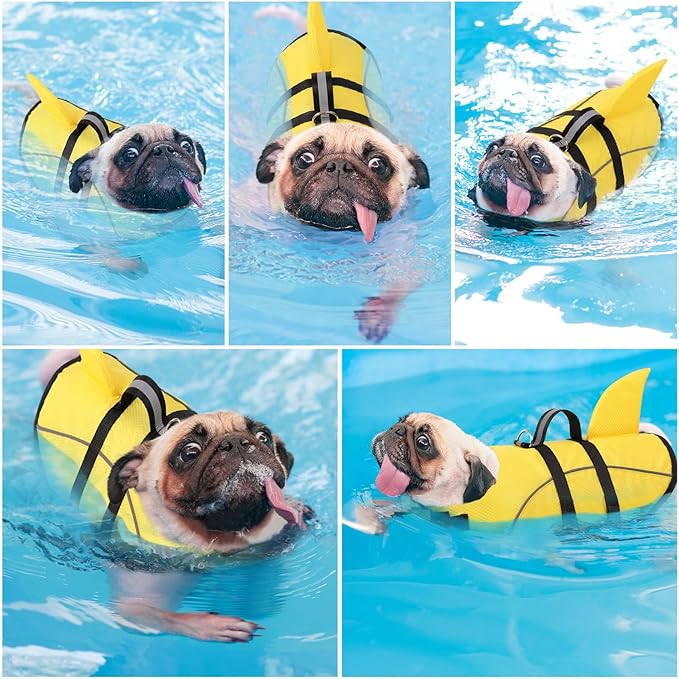 Queenmore Large Dog Life Jacket, Dog Life Vest for Swimming, Cute Shark Life Vest with Rescue Handle/Leash Hook, Safety Dog Lifevests for Boating/Kayaking, Pet Life Jackets for Big Dogs (Yellow,L)