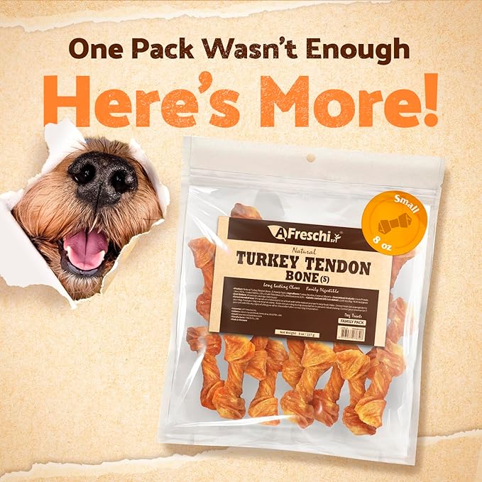 Afreschi Natural Turkey Tendon Bone (S) 8 oz, Turkey Sourced from USA, All Natural Puppy Chew, Hypoallergenic, Rawhide Alternative, for Small Breeds
