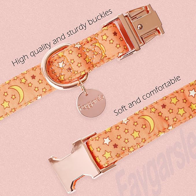 Faygarsle Orange Stars Moon Pattern Dog Collar for Small Medium Large Dogs Cute Puppy Collars for Female Dogs for Summer Spring Wedding Necklace Girl Dog Collar L