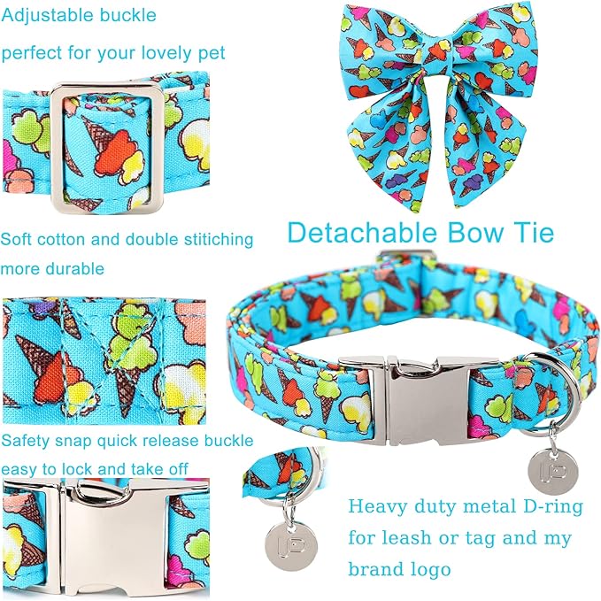 Summer Dog Collar with Bow Tie, Cotton Cute Bowtie Dog Collar, Summer Bowtie Collar for Puppy Boy Girl Dog or Cat, Comfortable Blue Dog Collar with Metal Buckle, XS