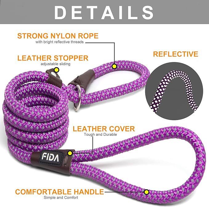 Fida Durable Slip Lead Dog Leash Bulk Pack of 5, Heavy Duty 1/2" x 6 FT Comfortable Strong Rope Slip Leash for Large, Medium Dogs with Highly Reflective, Purple