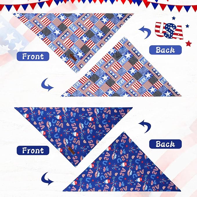 Lionet Paws Summer 2pcs Dog Bandanas, 4th of July Dog Scarf Bib Premium Fabric, American Flag Blue Bandanas for Small Dogs Pets