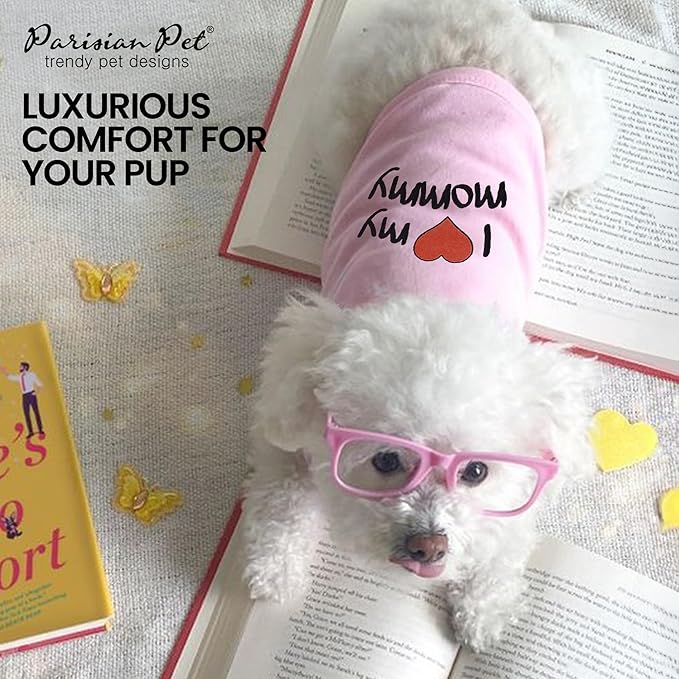 Parisian Pet Dog T-Shirt with Embroidered 'I Love My Mommy' Words - 100% Cotton, Pink Dog Clothes - Sleeveless Pet Vest - Machine Washable Dog Shirt for Large Dogs, 3XL