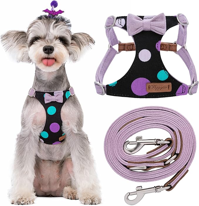 Puppytie No Pull Small Dog Harness with Multifunction Dog Leash,Lightweight Soft Adjustable No Choke Escape Proof Pet Harness Vest Pet Harness Vest,Polka dots Taro Purple,S