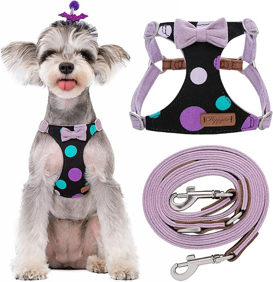 Puppytie No Pull Small Dog Harness with Multifunction Dog Leash,Lightweight Soft Adjustable No Choke Escape Proof Pet Harness Vest Pet Harness Vest,Polka dots Taro Purple,S