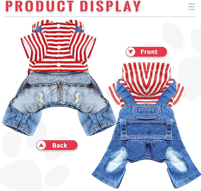 Small Dog Hoodie Clothes Cute Stripe Shirts Denim Jumpsuit One-Piece Outfit for Small Medium Dogs Cats Boy Girl Chihuahua Blue Jeans Overalls Puppy Costume (Red,XS)