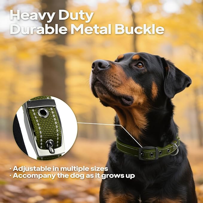 PetiFine Dog Collars for Medium Dogs, Neoprene Padded and Adjustable, Reflective Wide Heavy Duty Pet Collars with Durable Metal Belt Buckle for Walking, Green, M