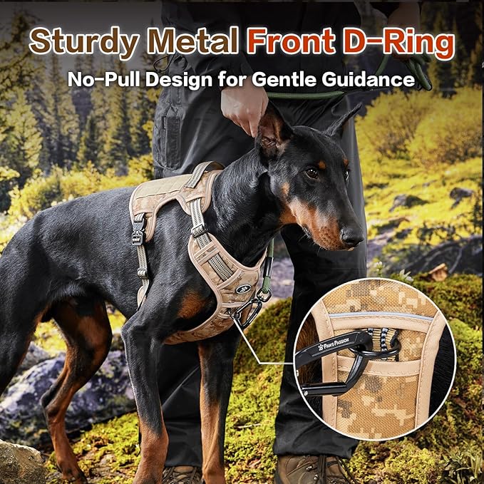 PawsPassion Tactical Dog Harness for X-Large Dogs, Chew-Proof Metal Hardware, Heavy Duty No Pull Dog Harness, Reflective Strips, Adjusting Ring, MOLLE System, Hook and Loop Panel (Dune Patrol, XL)