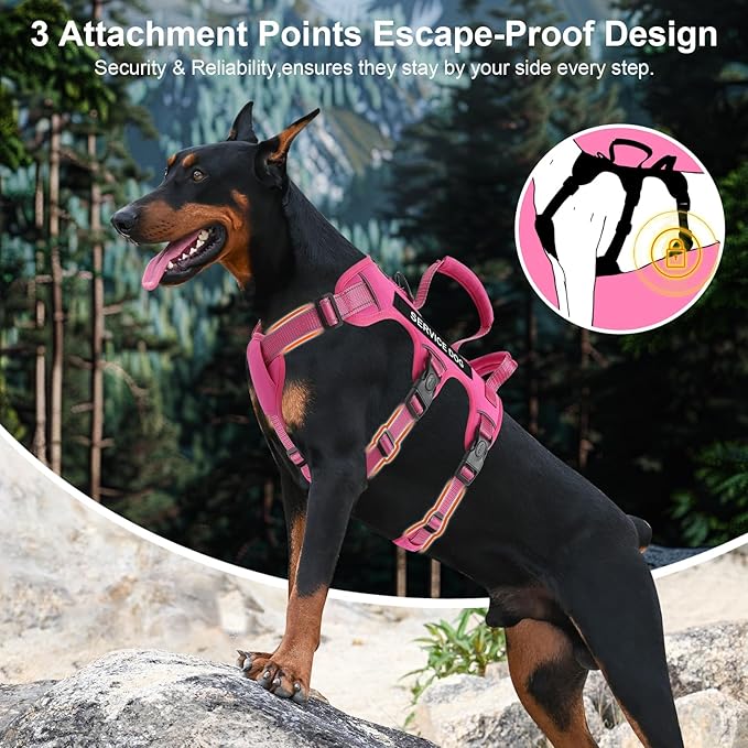 Escape Proof Dog Harness for Large Medium Sized Dogs Six Point Adjustable, Service Dog Vest Harness and Leash Set, No Pull Dogs Harnesses with Handle, XL Dog Harnesses for Walking(Pink, L)
