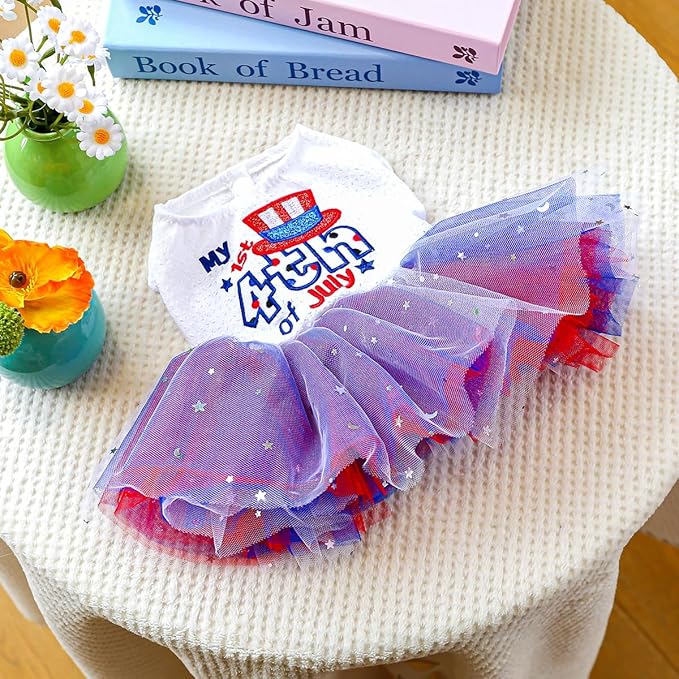 4th of July Dog Dress for Small Dogs Independence Day Girl Puppy Dresses with Stars Patriotic Cat Outfit Tulle Skirt Holiday National Day Pet Clothes (4th of July, Large)